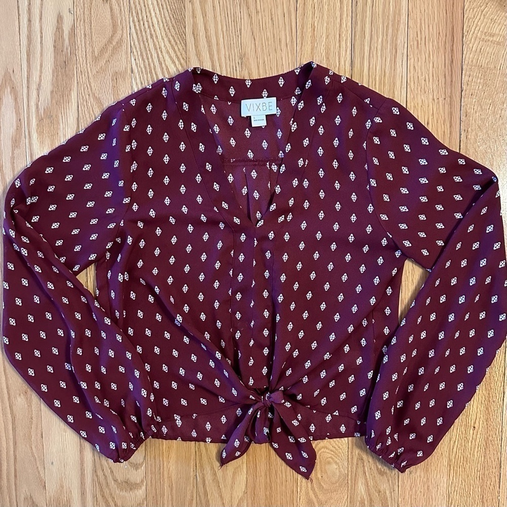 VIXBE Stevee Tie Front Burgundy Red Print Long Sleeve Blouse S